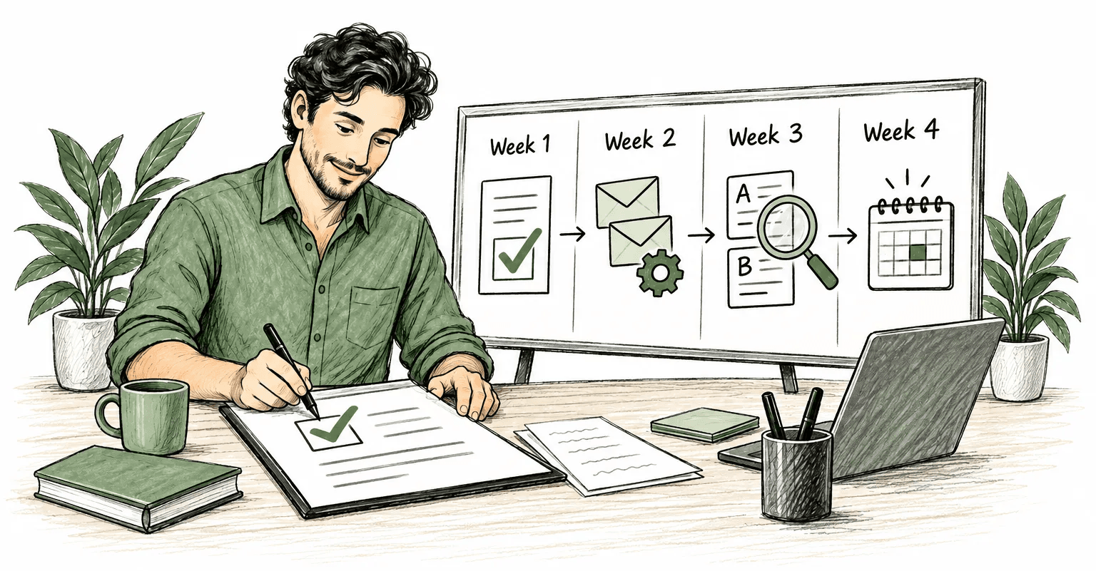 A campaign specialist checks a brief beside a four-week board showing setup, email preparation, message testing, and a meeting calendar.