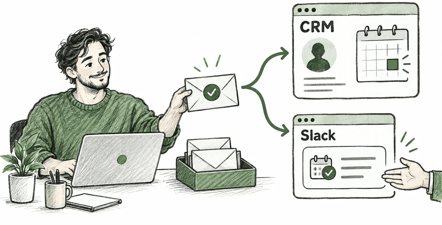 A campaign specialist manages replies and sends meeting details to the client’s CRM and Slack.